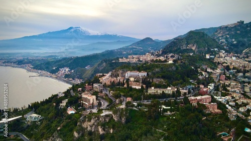 Panorama of Mount Etna and Taormina from Sicily