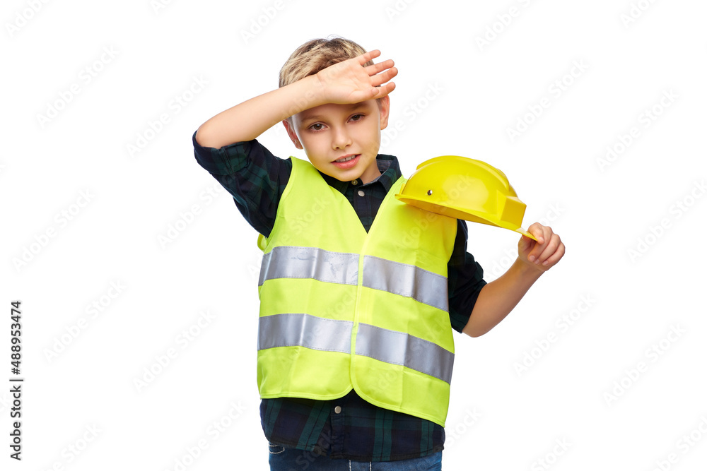 building, construction and profession concept - tired little boy in protective helmet and safety vest over white background building, construction and profession concept - tired little boy in protective helmet and safety vest over white background