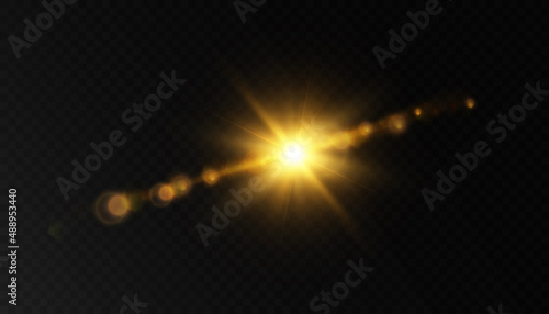 Glowing flash. Sparkling light effects of lens flare with colorful twinkle. Beautiful glare effect with bokeh, glitter particles and rays. Shining abstract background. Vector illustration