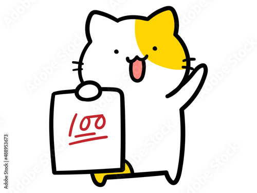 百点満点のテストを見せるかわいいねこの手書き風イラスト