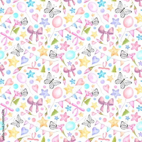 Watercolor children's seamless delicate pattern on a white background. Assorted bows, balls, butterflies, flowers, flags, stars. Cute print and design for wallpaper, fabric, packaging