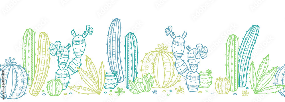 Cute hand drawn cactus seamless pattern, line art background, vibrant ...