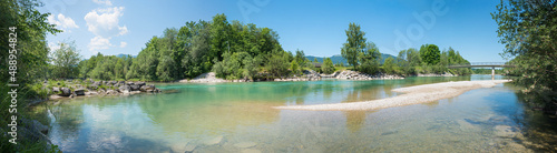 Isar river panorama, with bridge and green riverside, near lenggries tourist destination