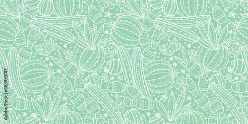 Cute hand drawn cactus seamless pattern, line art background, vibrant colors, great for banners, wallpapers, textiles, wrapping - vector design