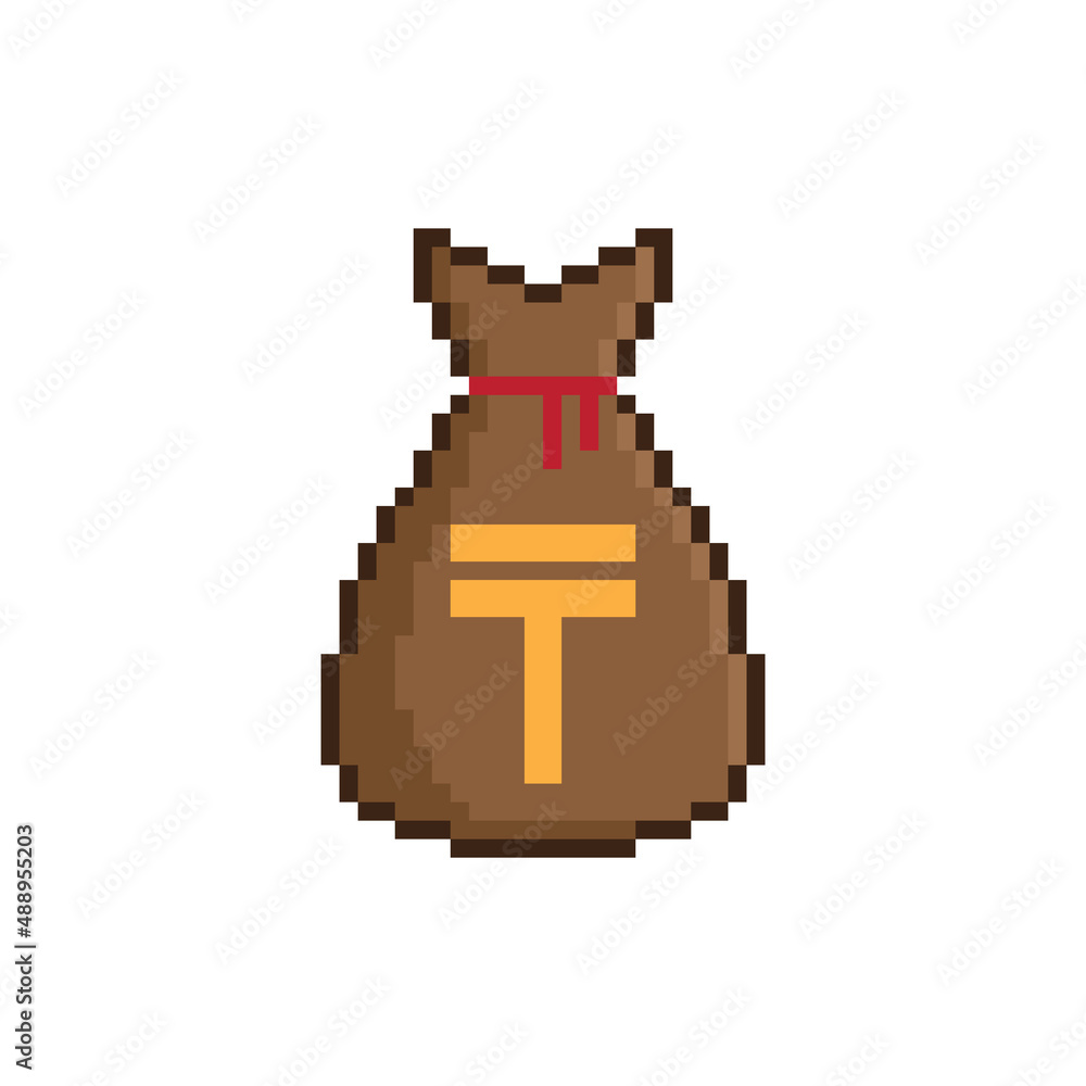 pixel Money bag Tenge  vector icon sign for 8 bit game
