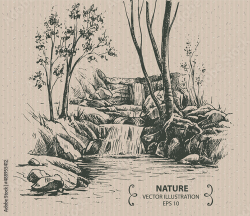 Waterfall.  Hand drawn vector illustration