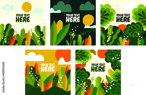 Vector set of Garden backgrounds with space for text, posters, templates, wallpapers, spring leaves