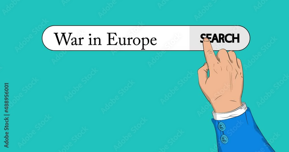 Virtual search bar with the text War in Europe. Businessman pushing his right hand index finger to touch a search icon. 4k Comic Book style animation.