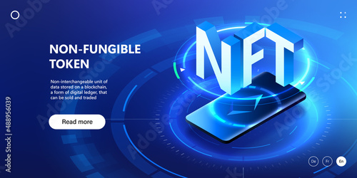 NFT Non-fungible token technology background with website ui template. Cryptoart platform
