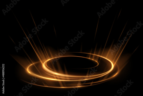 Abstract golden circle light effect on black background photo