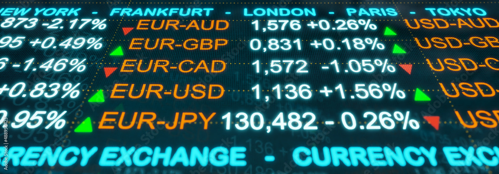 Exchange rates and currency symbols from USD, EUR, GBP, JPY or AUD. Currency and exchange rates concept. 3D illustration Exchange rates and currency symbols from USD, EUR, GBP, JPY or AUD. Currency and exchange rates concept. 3D illustration