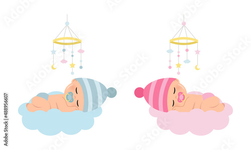 Cute sleeping baby boy and girl for gender reveal party. Flat vector cartoon design