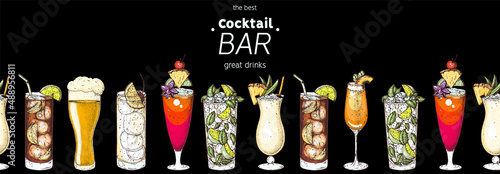 Alcoholic cocktails hand drawn vector illustration. Cocktails set. Bar menu design elements. Hand drawn collection. Horizontal seamless illustration.
