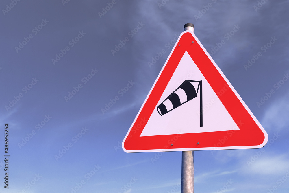 3d Illustration - Verkehrsschild - Achtung - Seitenwind - Himmel - Wolken 3d Illustration - Verkehrsschild - Achtung - Seitenwind - Himmel - Wolken