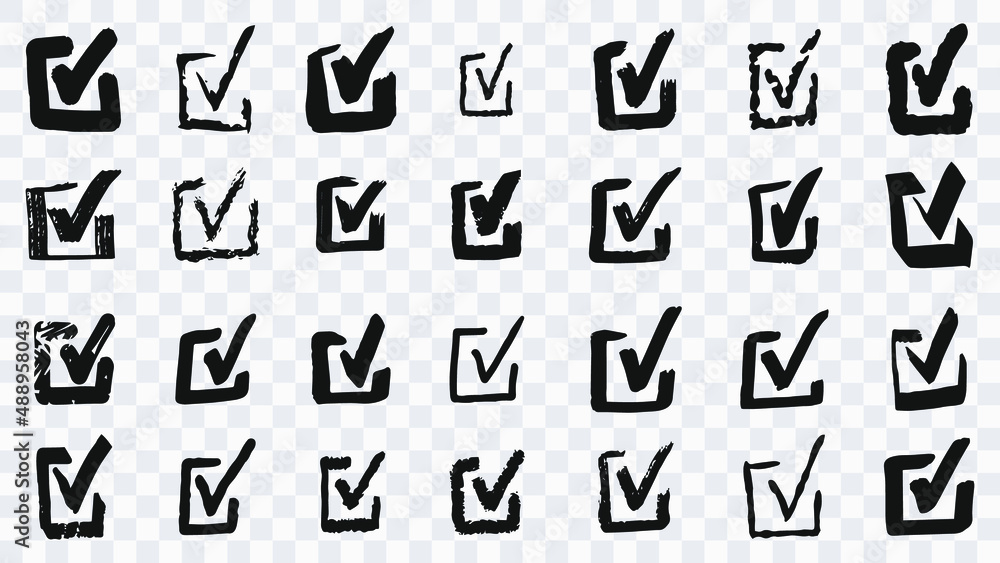 A set of checkmarks in a frame drawn with a brush. Checkmarks and a square are drawn with a pencil or brush. Doodle sketches isolated on transparent background. vector illustration. A set of checkmarks in a frame drawn with a brush. Checkmarks and a square are drawn with a pencil or brush. Doodle sketches isolated on transparent background. vector illustration.