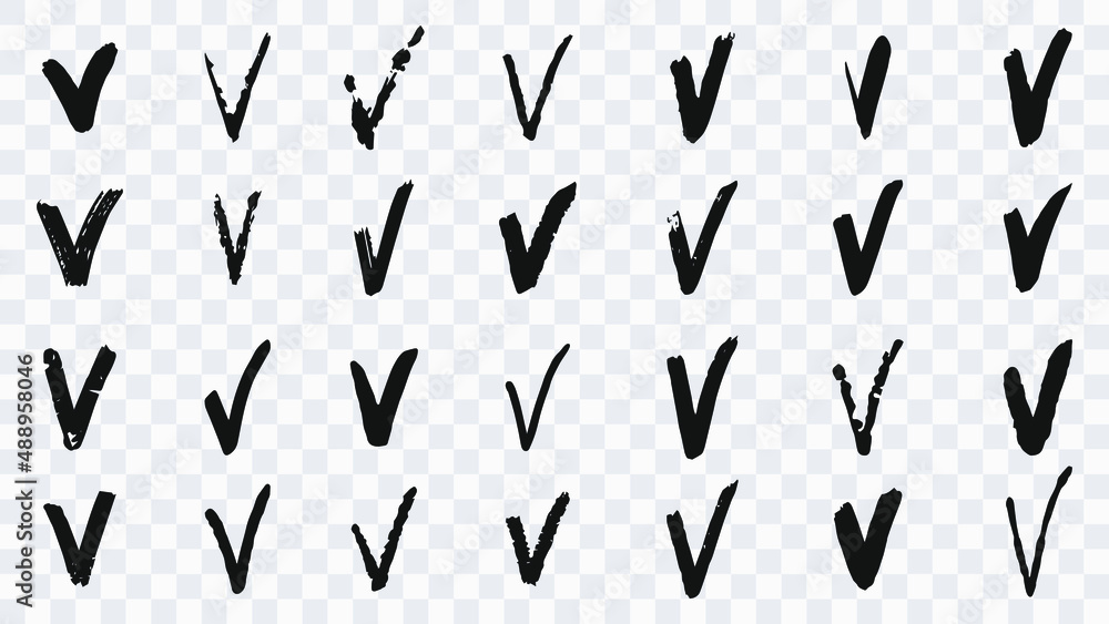 Collection of check marks set drawn with a brush. Pencil ink or brush drawn checkmarks. Doodle sketches isolated on transparent background. Vector illustration. Collection of check marks set drawn with a brush. Pencil ink or brush drawn checkmarks. Doodle sketches isolated on transparent background. Vector illustration.