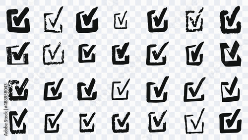 A set of checkmarks in a frame drawn with a brush. Checkmarks and a square are drawn with a pencil or brush. Doodle sketches isolated on transparent background. vector illustration.