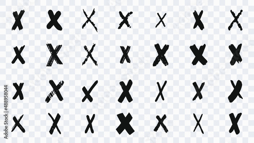 Collection of sets of crosses drawn with a brush. Ink pencil or brush painted crosses. Doodle sketches isolated on transparent background. Collection of 28 hand painted X signs. Vector illustration