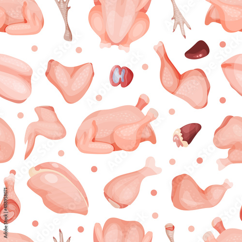 Fresh raw chicken meat seamless pattern. Organic meat products endless background vector illustration