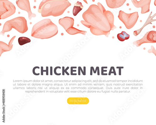 Chicken meat landing page template. Fresh meat assortment of butchery shop, online store website, homepage design vector illustration