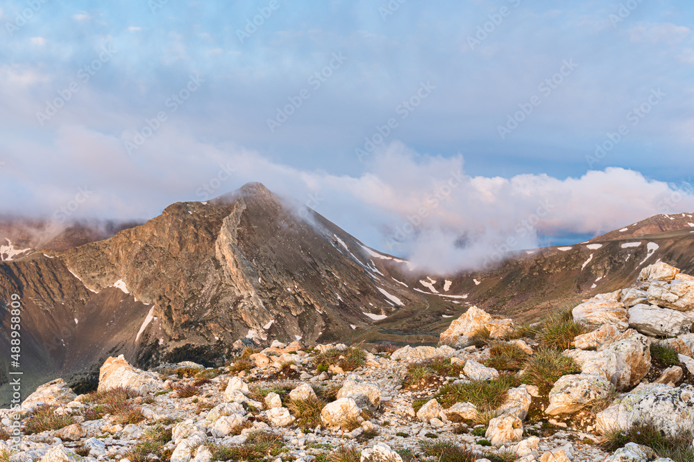 Morning heavy clouds over the mountains (Peak of Gra de Fajol, Ulldeter, Spain, Pyrenees Mountains)