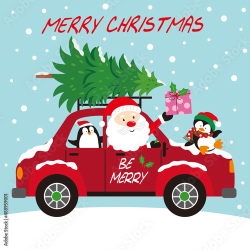 christmas card with santa claus , penguin and christmas gifts in the car
