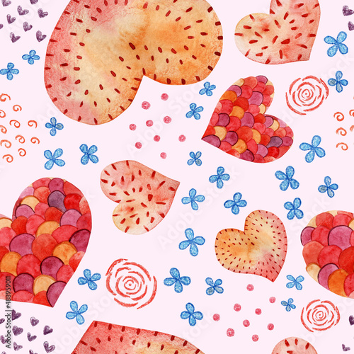 Seamless pattern with orange hearts and blue flowers. 
Can be used for wrapping, scrapbooking, wallpaper