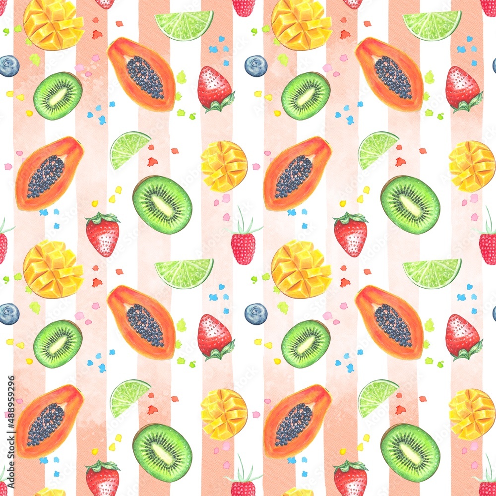 Seamless pattern with watercolor fruits and berries