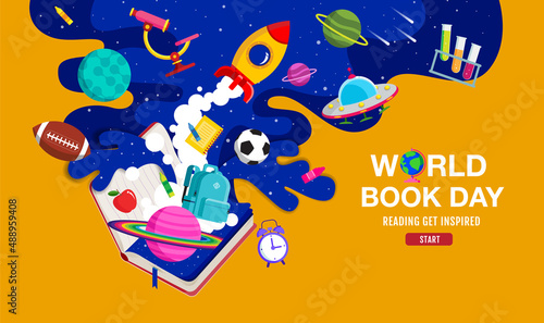 World book day, reading Imagination., back to school, template banner, concept vector illustration