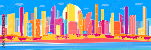 Colorful bright embankment cityscape sketch. Color modern city. Infrastructure outlines illustration. Vector design art