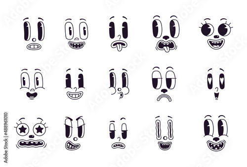 Retro cartoon mascot characters funny faces. Old eyes and mouth animation elements. Vintage comic smile vector set. Emoticon with happy and funny or sad and angry emotions