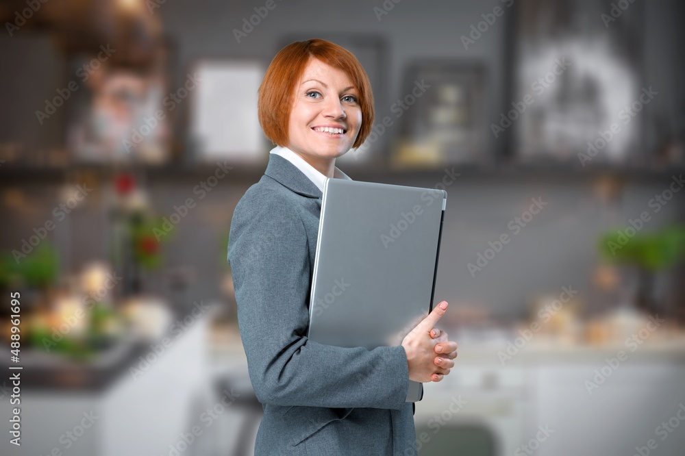 Optimistic brunette nice lady hold the digital tablet