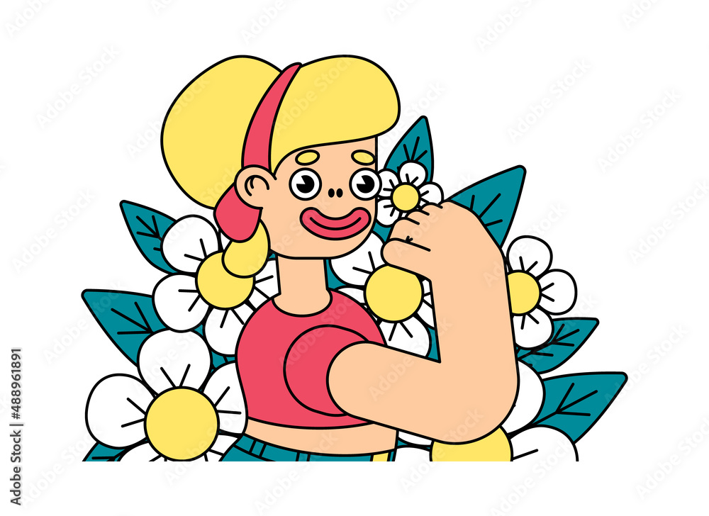 Naklejka premium Isolated image of a woman with a raised hand among the flowers. Cute cartoon character of a woman showing a strong stance on a white background. Vector illustration.