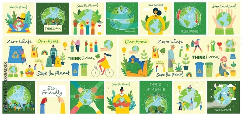 People Characters trying to Save Planet Earth. Global Warming and Climate Change Concept.