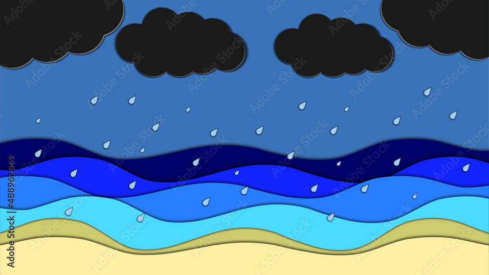 Cloud and rain on sea night sky in paper cut style. Vector Illustration Cloud and rain on sea night sky in paper cut style. Vector Illustration