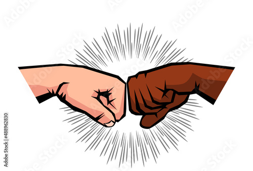 Greeting of two clenched fists of male hands. Interracial friendship between blacks and whites. Vector on transparent background