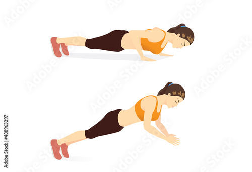 Sport women doing exercise with Clapping push ups. Workout diagram for a target on abdominal and chest muscles with no equipment.