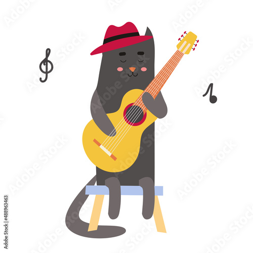 Vector Black Cat is playing on Guitar sitting on a stool. Cute Kitty in a hat is playing a stringed Musical Instrument. Flat hand drawn illustration on a white background.