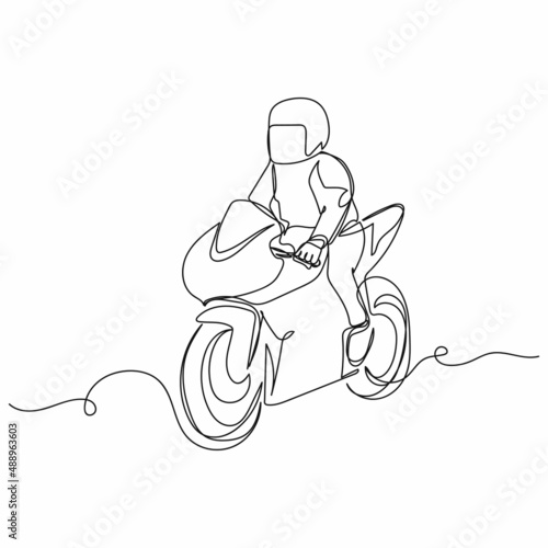 Continuous one simple single abstract line drawing of orange with motorcycles biker icon in silhouette on a white background. Linear stylized.
