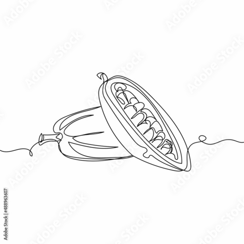 Continuous one simple single abstract line drawing of cocoa pod with cut in half sliced icon in silhouette on a white background. Linear stylized.