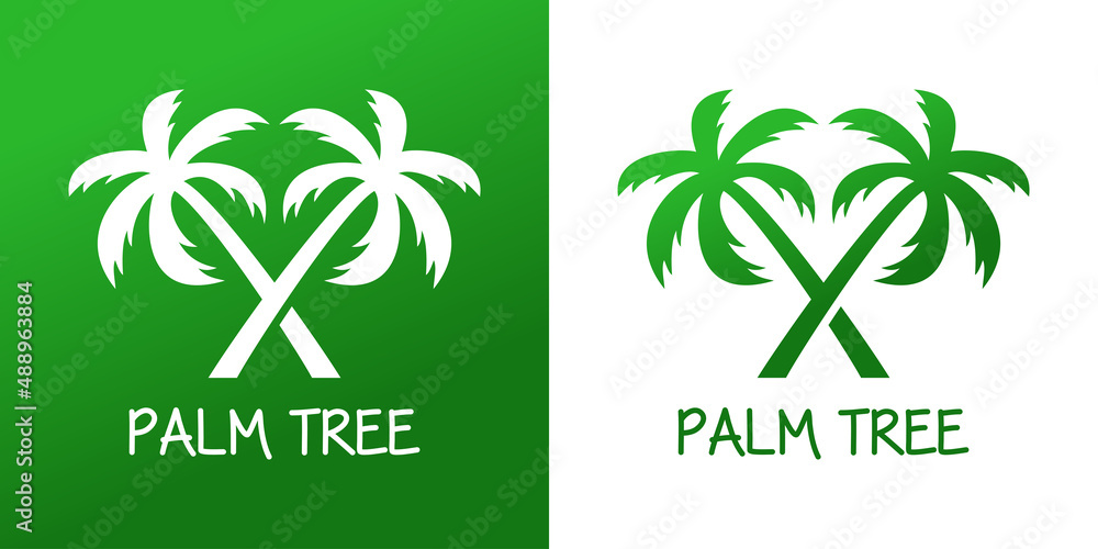 Beach holidays. Destino de vacaciones. Banner con texto Palm Tree con silueta de 2 palmeras con forma de aspa en fondo verde y fondo blanco