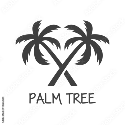 Beach holidays. Destino de vacaciones. Banner con texto Palm Tree con silueta de 2 palmeras con forma de aspa en color gris