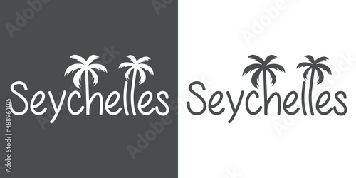 Seychelles Beach. Destino de vacaciones. Banner con texto Seychelles con letra con forma de silueta de palmera en fondo gris y fondo blanco