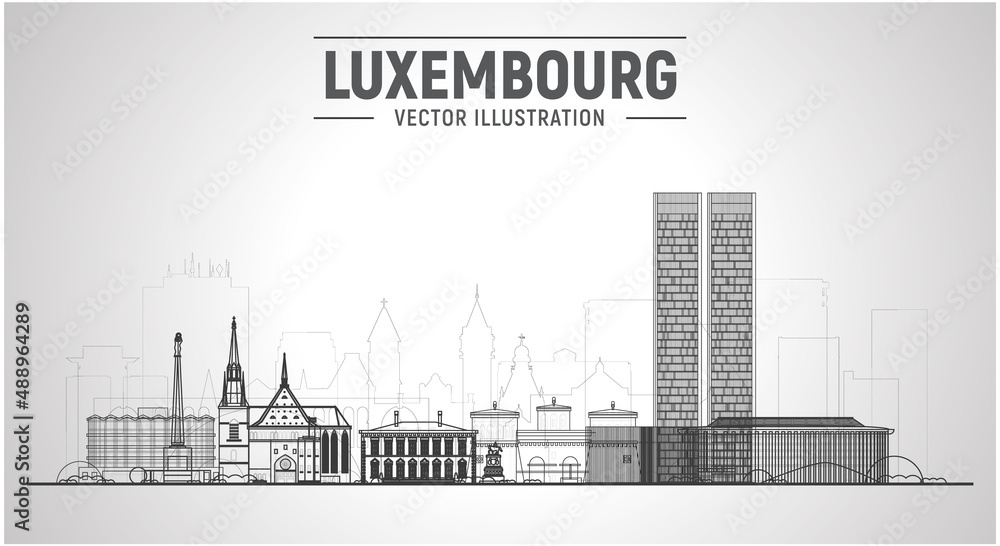 Luxembourg city line skyline with panorama on sky background. Vector Illustration. Business travel and tourism concept with old buildings. Image for presentation, banner, website.