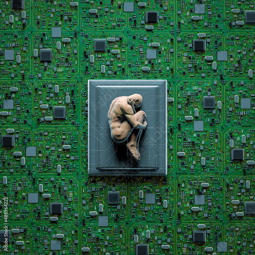 Schilderij op canvas Technology addiction man - 3D illustration of male figure lying in foetal positi