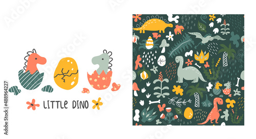 Fototapeta Naklejka Na Ścianę i Meble -  Dino pattern. Little dino and cracked egg. Vector background. Seamless pattern with dinosaurs, prehistoric plants, spots, traces,  raindrops and eggs. Baby print