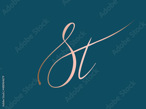 ST monogram logo.Calligraphic signature icon.Letter s and letter t.Lettering sign isolated on dark fund.Wedding, fashion, beauty alphabet initials.Elegant, handwritten, luxury style.	