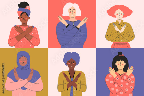 Break the bias. Woman's international day 8th march. IWD. Women with different skin color and ethnic groups cross their arms on their chest. Choose To Challenge. Horizontal poster, banner