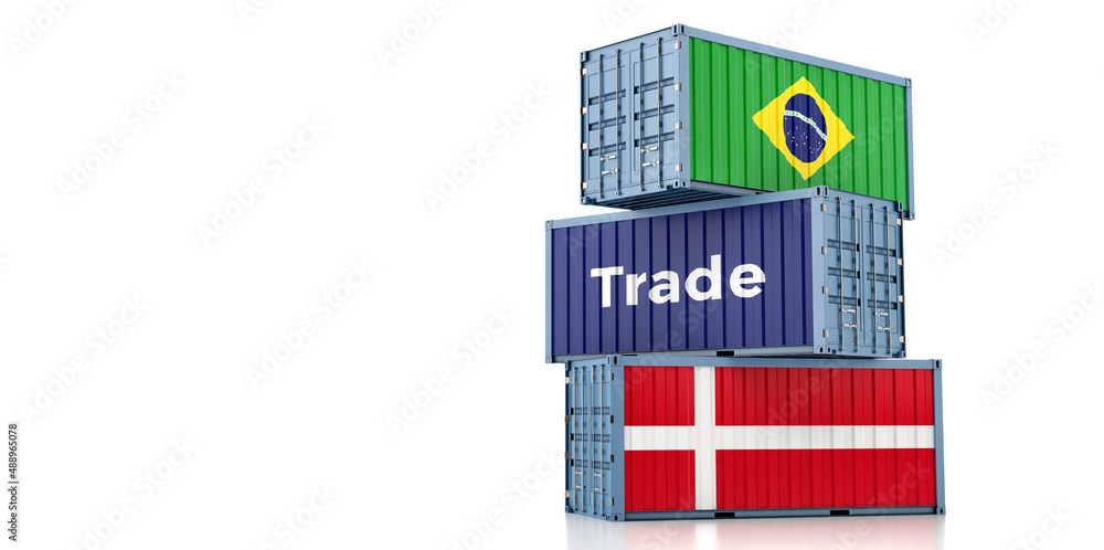 Cargo containers with Brazil and Denmark national flags. 3D Rendering 