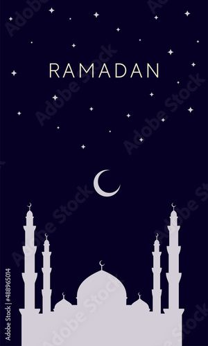 The Muslim feast of the holy month of Ramadan Kareem. Vector greetings design illustration with mosque dome silhouette, stars and crescent for your invitation card, banner, poster design, template.